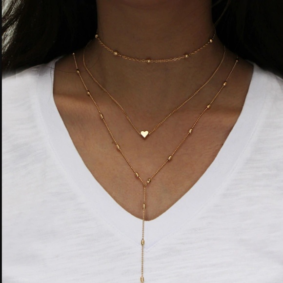Jewelry - Triple Layer Heart Gold Beaded Choker Necklace